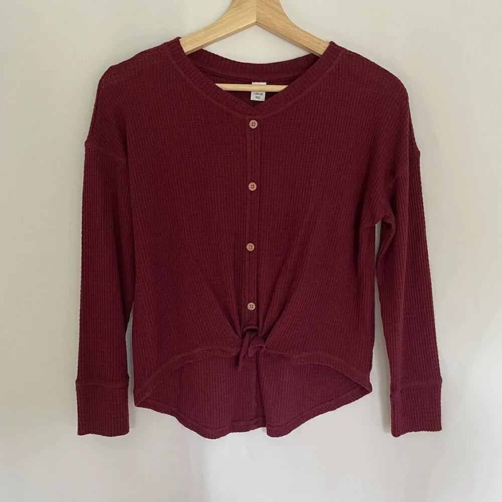 Old Navy sz L kids red waffle‎ knit faux buttons front tie long sleeved sweater